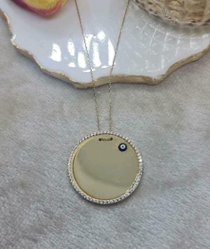 Plättchenkette mit Steinchenrahmen Rund form echt Gold 14k 585